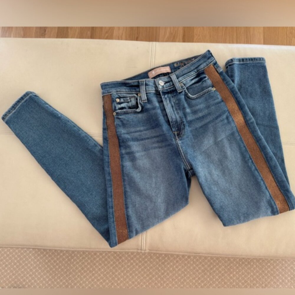 7 for all Mankind high waisted denim jeans with SPARKLY gold trim sides, size 26